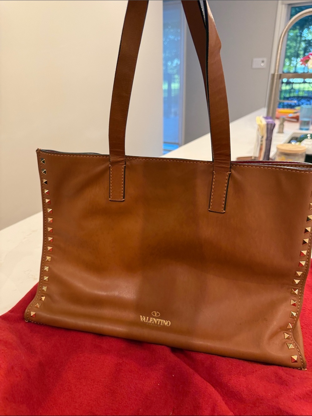 Valentino Brown Leather Tote with Rockstud Trim